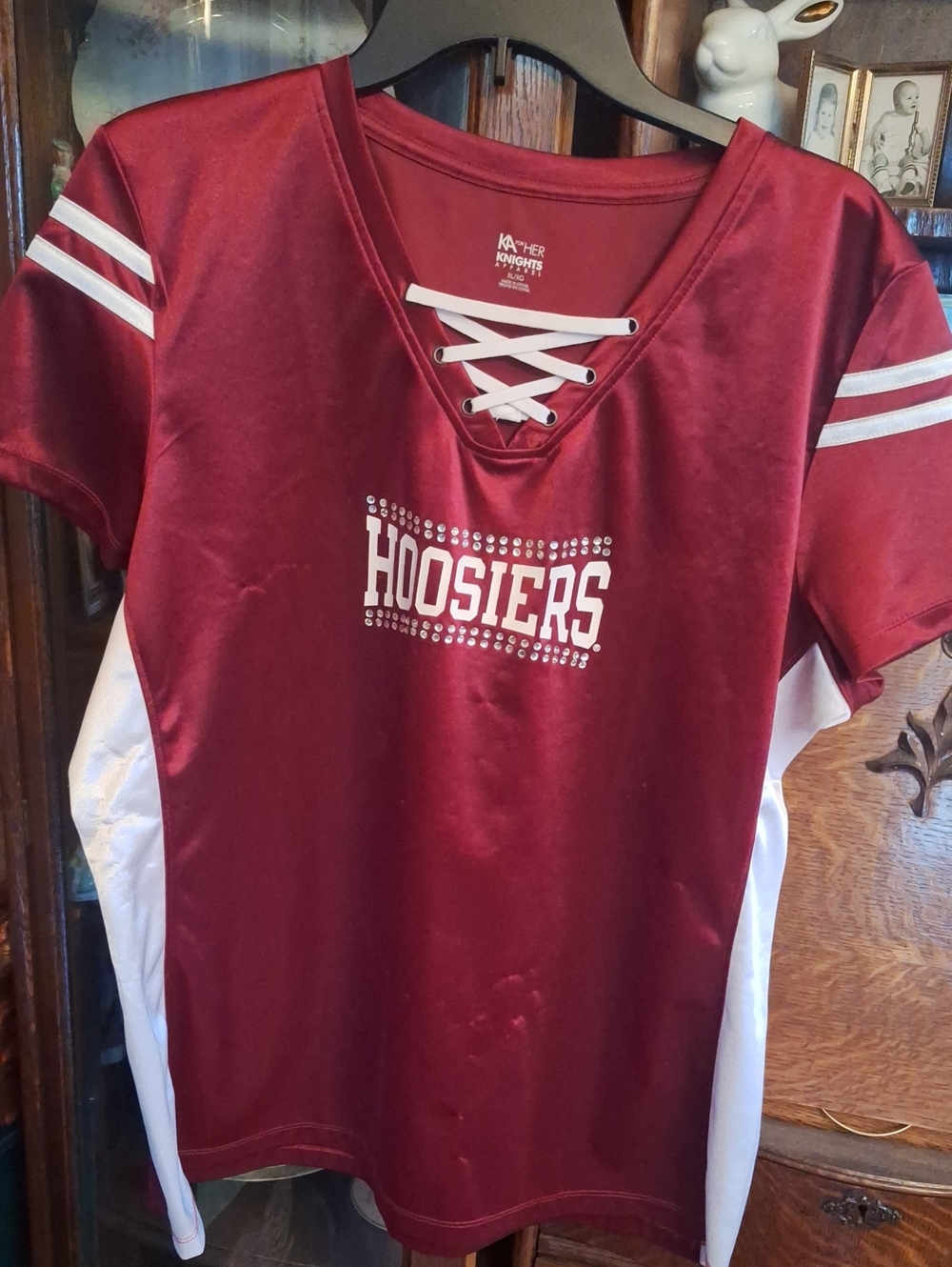 Hoosiers Lace-Up V-Neck Short Sleeve Team Shirt - Crimson & White